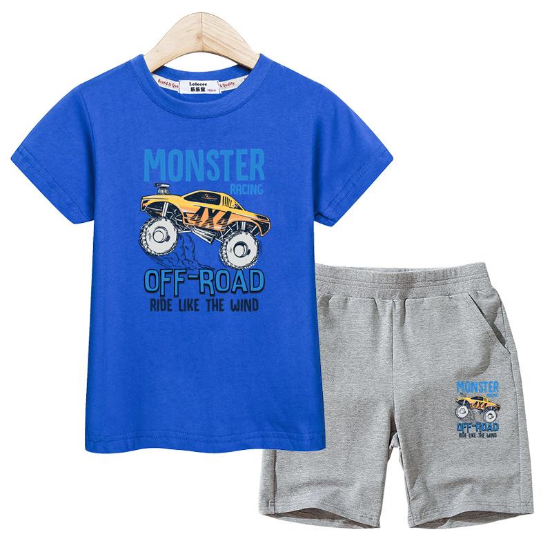Set Abbigliamento Estivo per Bambini Camicia Monster Truck Pantaloncini Sportivi Costumi a Manica Corta per Bambini Outfit 2 Pezzi