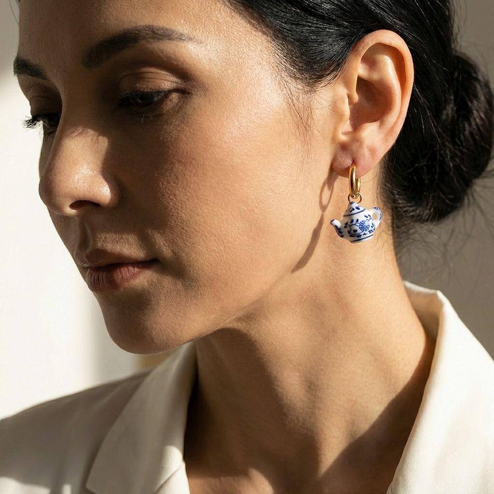 Chinese Style Blue and White Porcelain Earrings Dripping Oil Gold Enamel Hoop Earrings  Party