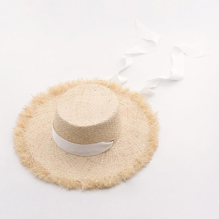 Spring and summer new raffia tether flat top large brim rough edge straw hat outdoor travel beach sun protection light