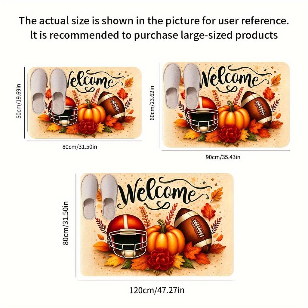 Thanksgiving Football Pumpkin Doormat, Autumn Leaves Design Non-Slip Rug, Medium Pile Polyester Mat for Seasonal Home Decor