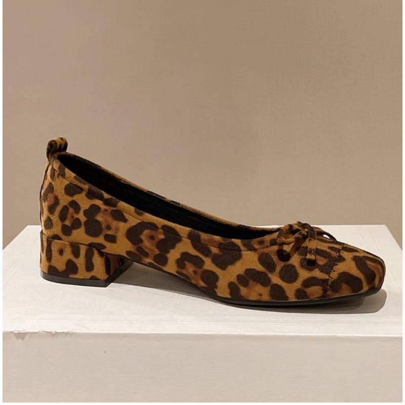 Fashion New Design Fashionable Square Heels Bowknot Comfortable Versatile Wear-resistant Leopard Print Shoes Low Heels Pumps Zapatos
