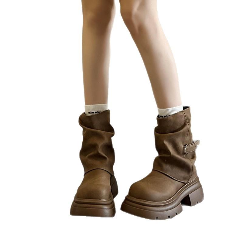Maillard brown retro Martin boots women's 2025 new autumn and winter British style thick-soled pleated piled short boots