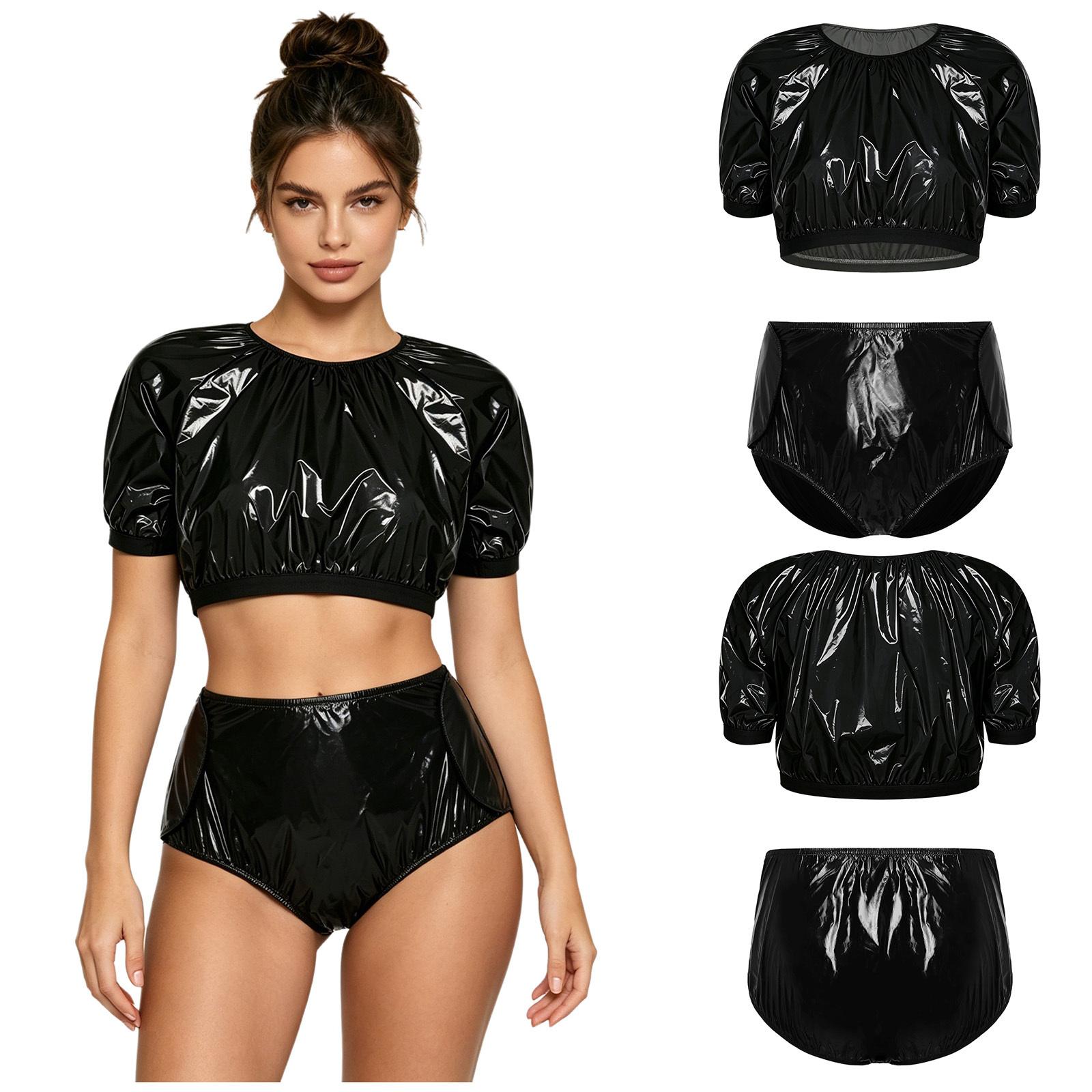 Wasserdichtes Vinyl-Badeanzug-Set für Damen S-3XL Crop Top Kurzarm und Windelshorts mit verstellbaren Klettverschlüssen für die Inkontinenzpflege M schwarz