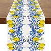 Summer Lemons Blue Tiles Linen Table Runner Holiday Party Decor Farmhouse Kitchen Dining Table Runner Wedding Decorations