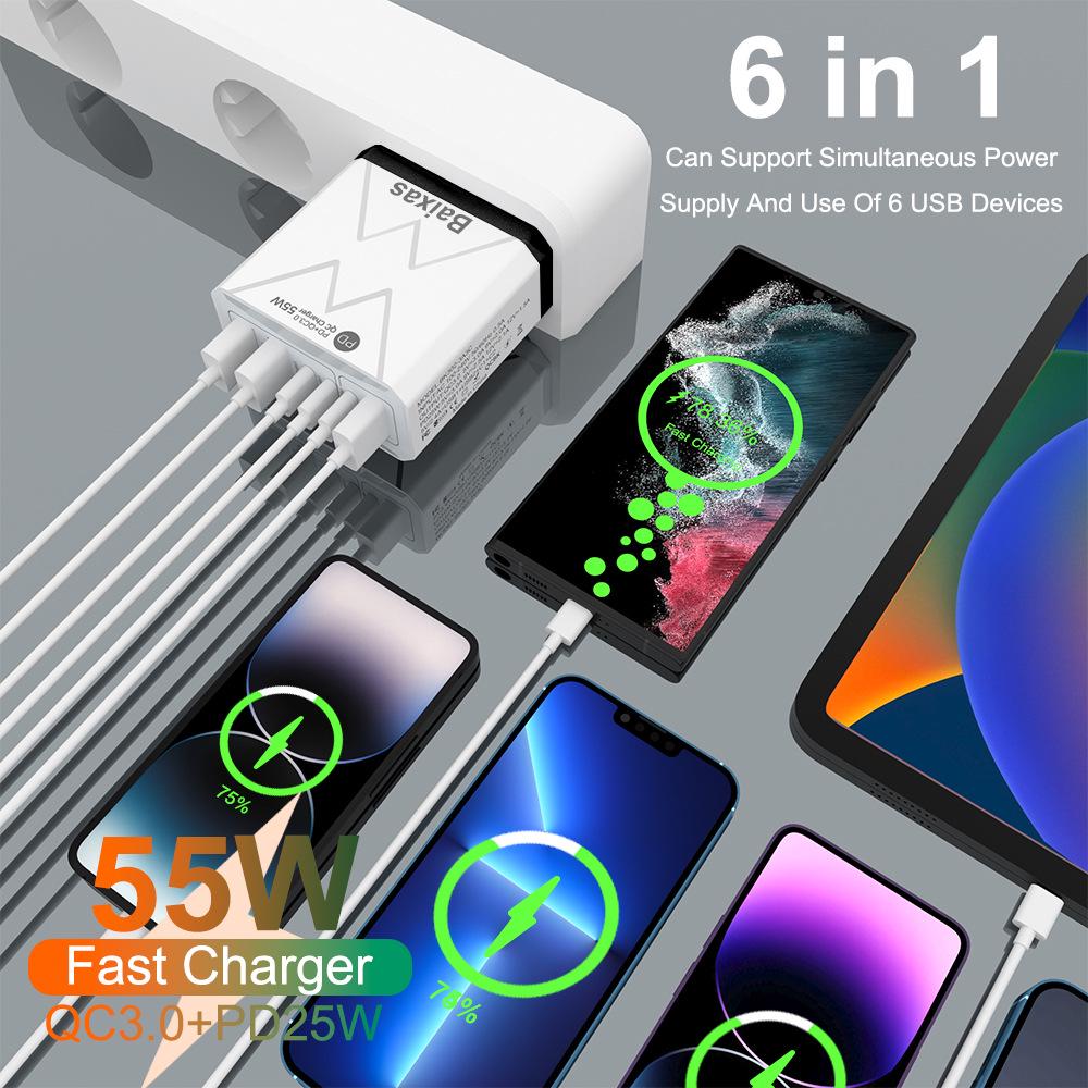 PD 25W 6-Port Fast Charger: 3 USB, 3 PD, 55W QC3.0 EU Standard for Mobile Phones