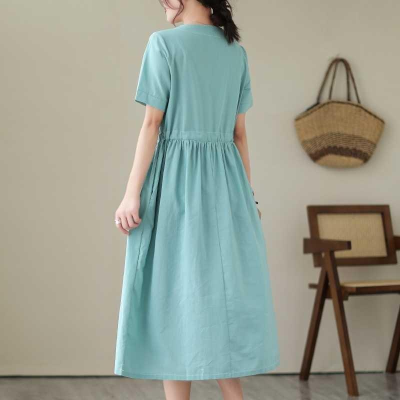 V-neck Mid-length Dress Summer New Retro Literary Large Swing A-line Skirt