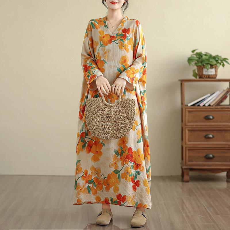 DIMANAF 2025 Women Plus Size Spring Long Dress Loose V-Neck Printing Vintage Casual Floral Oversize Long Sleeve 5050