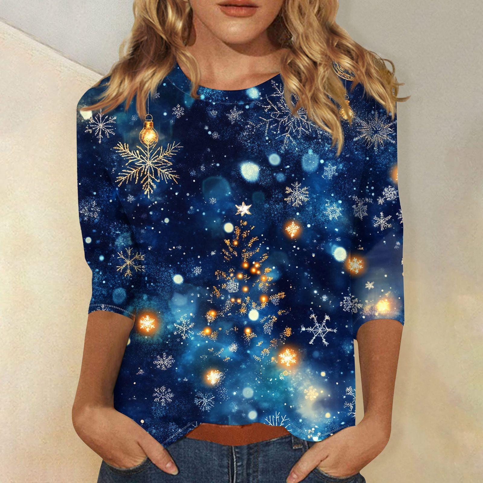 

Женская повседневная футболка с круглым вырезом и рождественским принтом снежинок, рукав три четверти, топ, пуловер M
