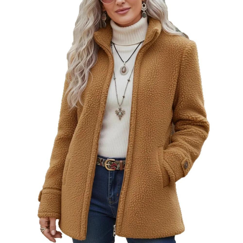 Winter Damen Stehkragen Einfarbig Locker Lässig Mode Langarm Polarfleece Reißverschluss Jacke