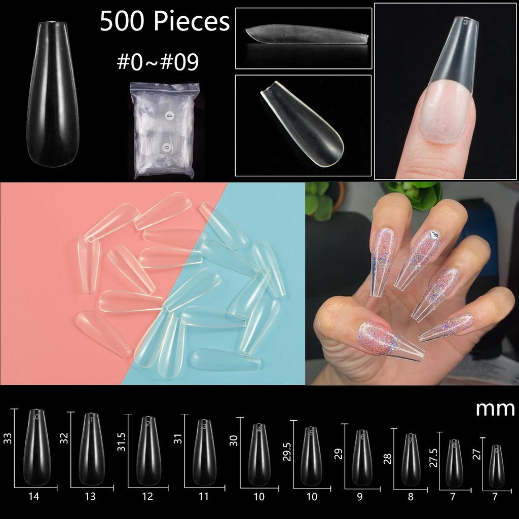 500PCS Natural Transparent Ballerina Almond  Round End Full/Half Ballet Coffin French False Nail Tips Fake Toenail Tip Manicure