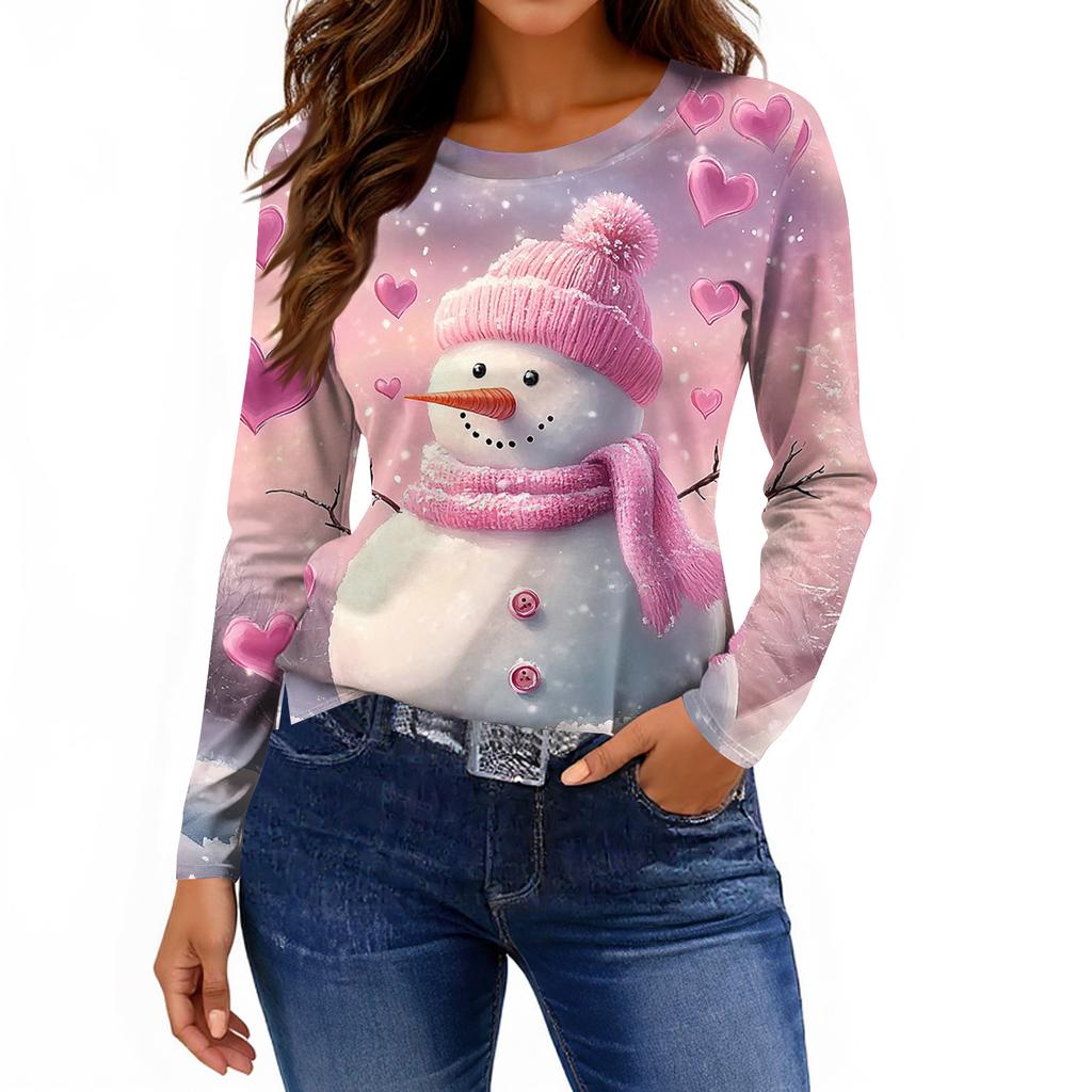 Women's Fashion Casual Slit Hem Round Neck Long Sleeve Loose Printed T-Shirt Ladies Top