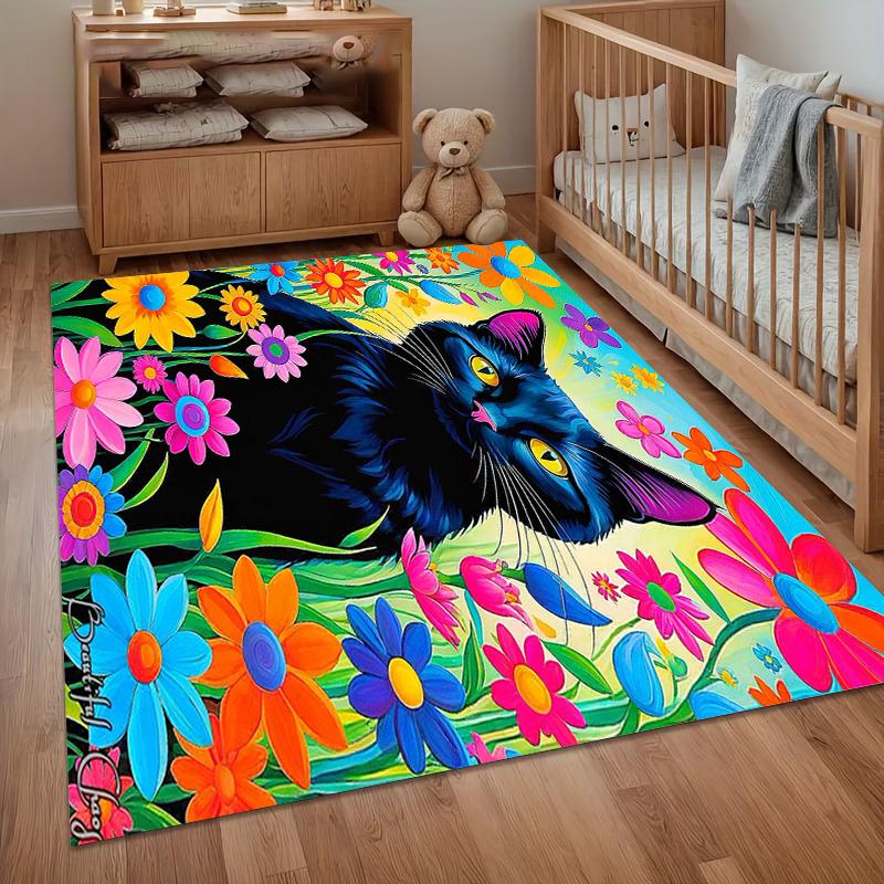 Artistic Area Rug Black Cat Floral Oil Painting Non Slip Floor Mat Flannel Carpet for Bathroom Kitchen Bedroom Home Decor Gift