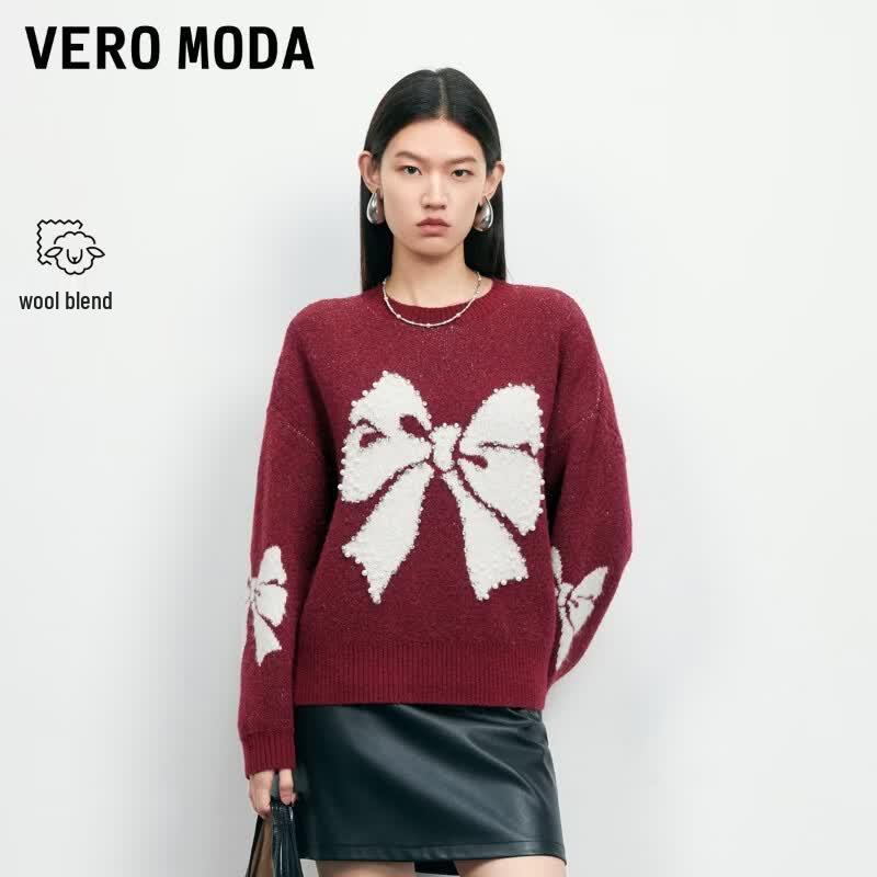 VEROMODA Women s Bow-knot Beaded Wool Blend Round Neck Sweater L