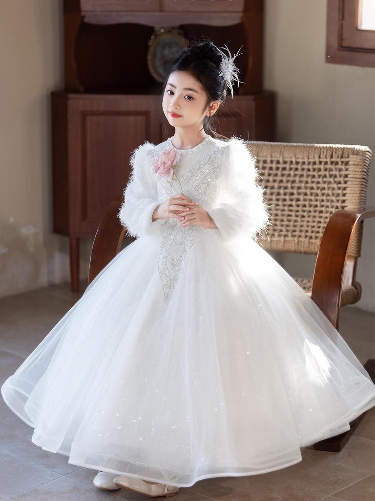 Girls' Luxury Formal Autumn/Winter Princess Dress - High-End Flower Girl Dress for Birthdays, Weddings, and Special Occasions.