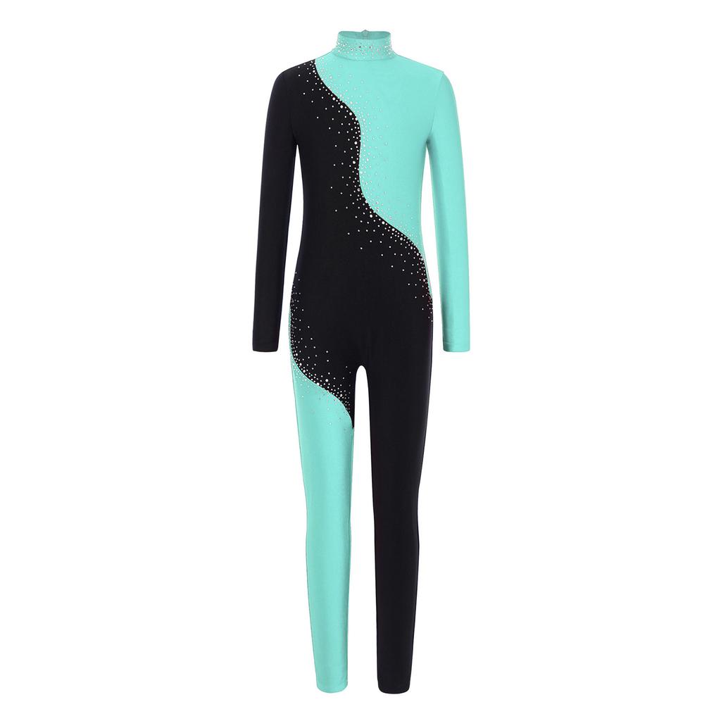 Jenter Fargeblokk Ytelsesjumpsuit Glitrende Rhinestones Mock Neck Langermet Usynlig Glidelås Bak Full Kropp Danseklær