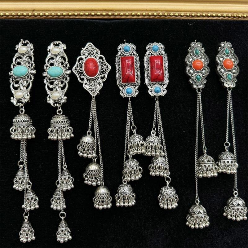 Handmade Mongolian Styles Alloy Tassels Hair Clip Ornament with Vintage Rhinestones Designs for Women Seek Unique Charm