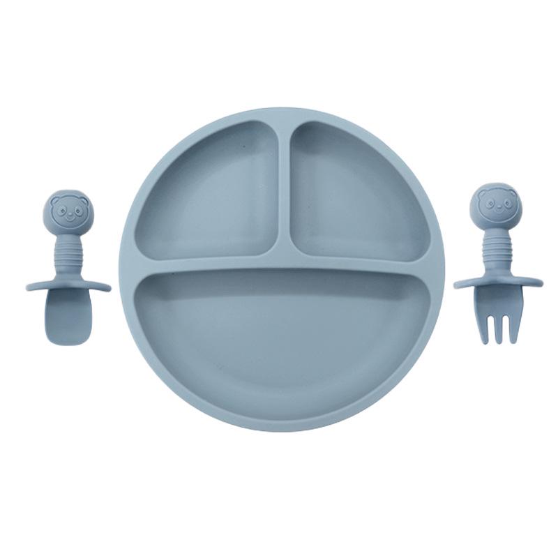 Children's Silicone Divided Plate & Cartoon Bear Spoon Fork Set - Drop-Proof Infant Feeding Tableware