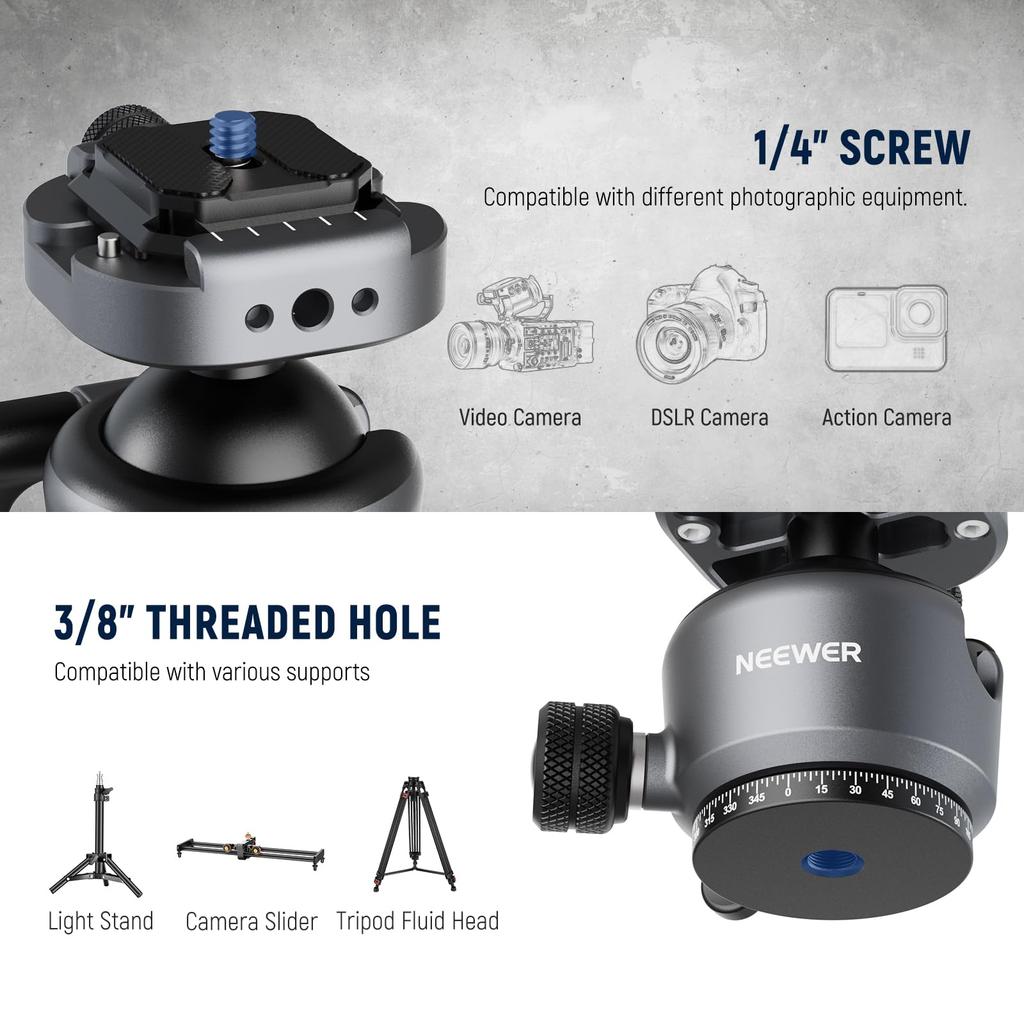 NEEWER GM41 Ball Low Center of Gravity Ball Tripod Rotation Includes 40mm Metal Panoramic Camera Mount Adapter QR Compatible with Peak Design Capture