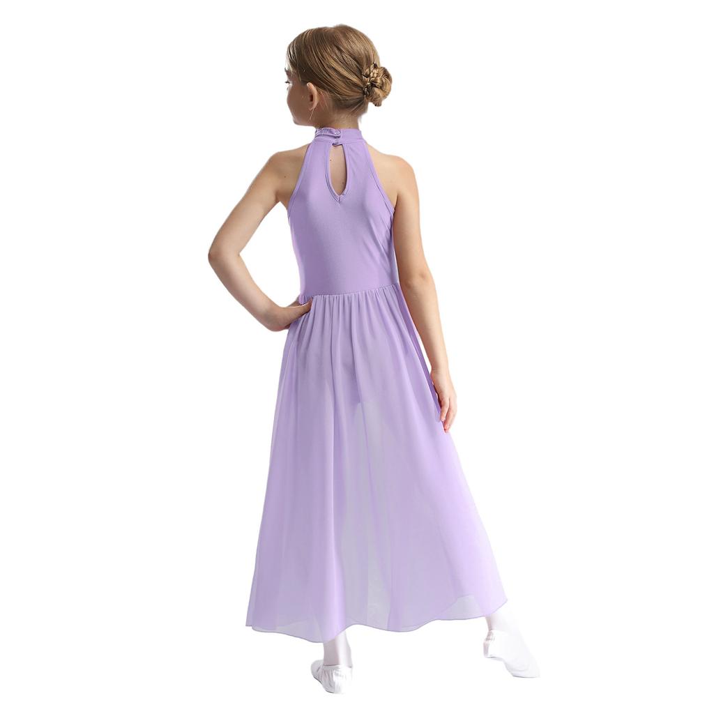 Girls Color Block Dance Dress Mock Neck Sleeveless Keyhole Back Split Modern Lyrical Performance Wear