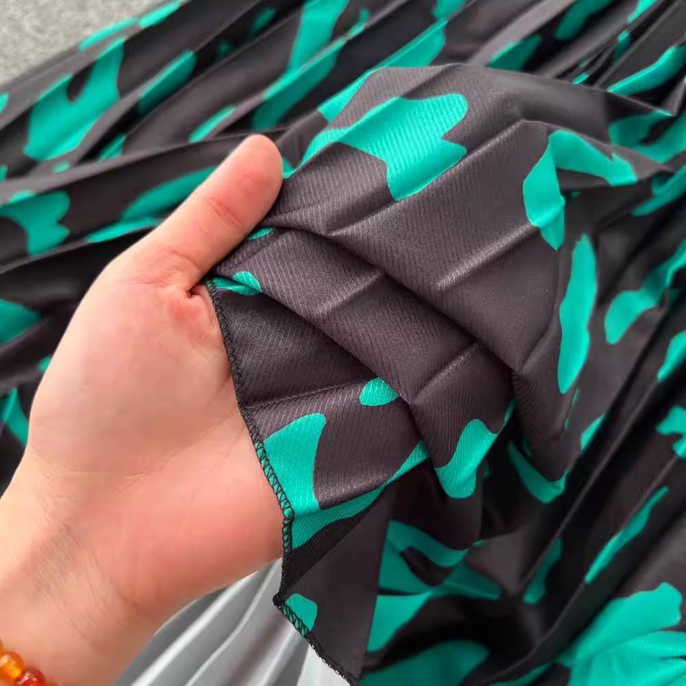 Summer Beach Leopard Print Miyake Oversized Dress Women Clothing Flare Sleeve Belt Big Swing Pleated Loose Long Robe