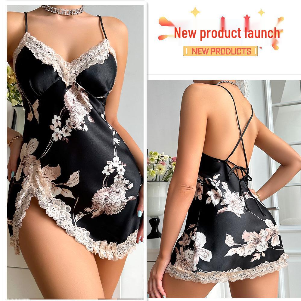 Breathable Ice Silk Women's Print Nightgown - Short, Sexy Camisole Pajamas