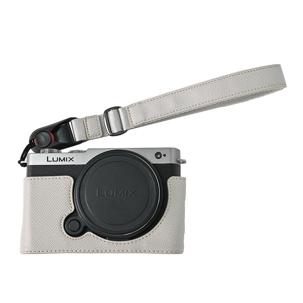 Palm Print PU Leather Camera Half Body Case For Panasonic Lumix S9 Battery Opening Bottom Cover With Strap