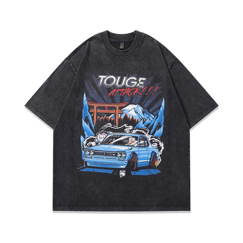 Men'S Half-Sleeved T-Shirt American Hip-Hop Retro Print Oversize Washed Short-Sleeved T-Shirt