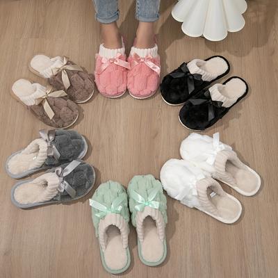 Einfarbige Warme Hausschuhe, Weiche Sohle Flauschige Flache Schleifen Dekorative Schuhe, Winter Plüsch Bequeme Rutschfeste Schuhe