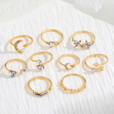 9 Pcs/Set Lady Ring Set Diverse Shapes Rhinestone Decor Star Moon Butterfly Heart Decor Adjustable Lady Stackable Finger Jewelry