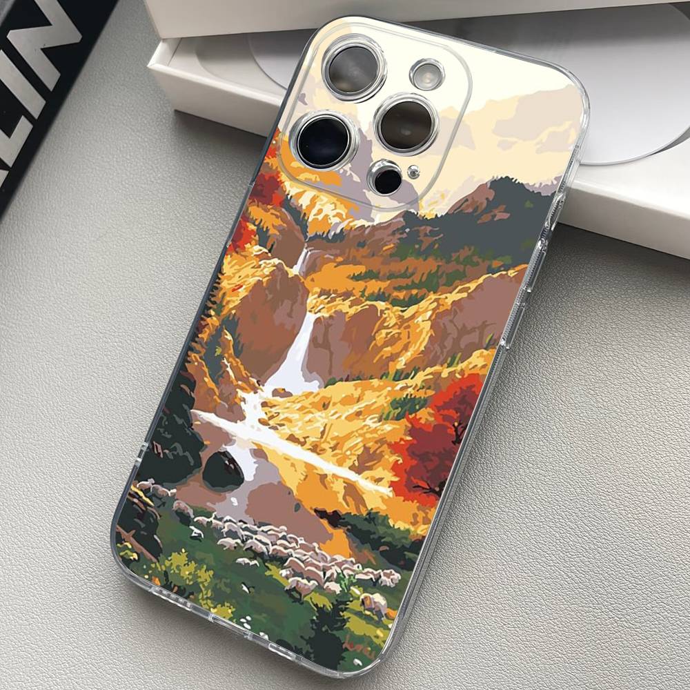 Landscape Painting Transparent Back Phone Case For iPhone 17 16 15 13 12 11 14 Pro Max Mini Plus Silicone Bumper