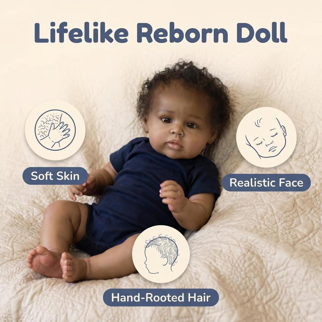 19-inch Reborn Doll in Skin Tone with Dark Blue Romper - Perfect Christmas Collectible Gift for Kids.