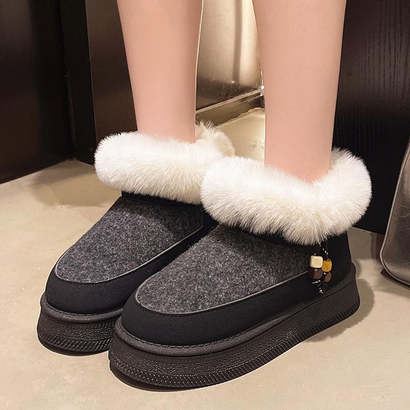 Women's Fur Mouth Large Size Winter Warm Fur One Snow Boots Padded Lining Ankle Boots Non-slip Hiking Sports Cotton Boots