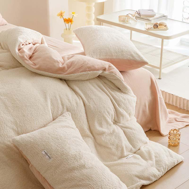 Thickened Milk Fleece Four-Piece Set, Solid Color Coral Fleece Bed Sheet Quilt Cover, Flannel Bed Three-Piece Set