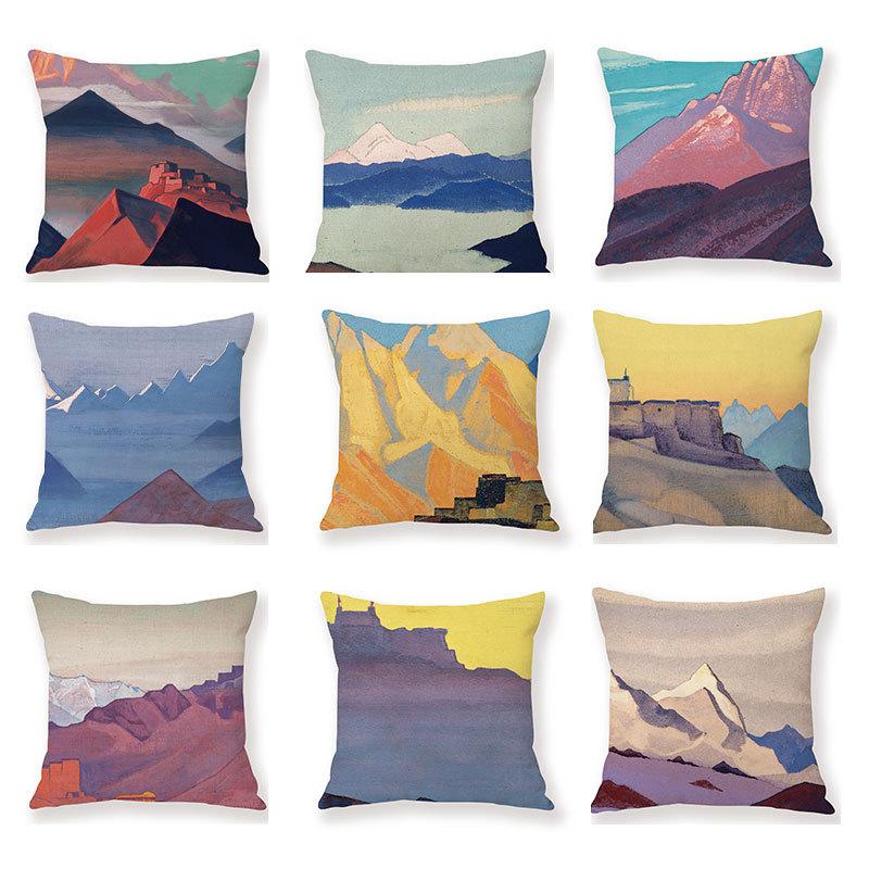 Painted Snow Mountain Sunset Colorful Sky Retro Pillow Case Sofa Model Room Decoration Pillow