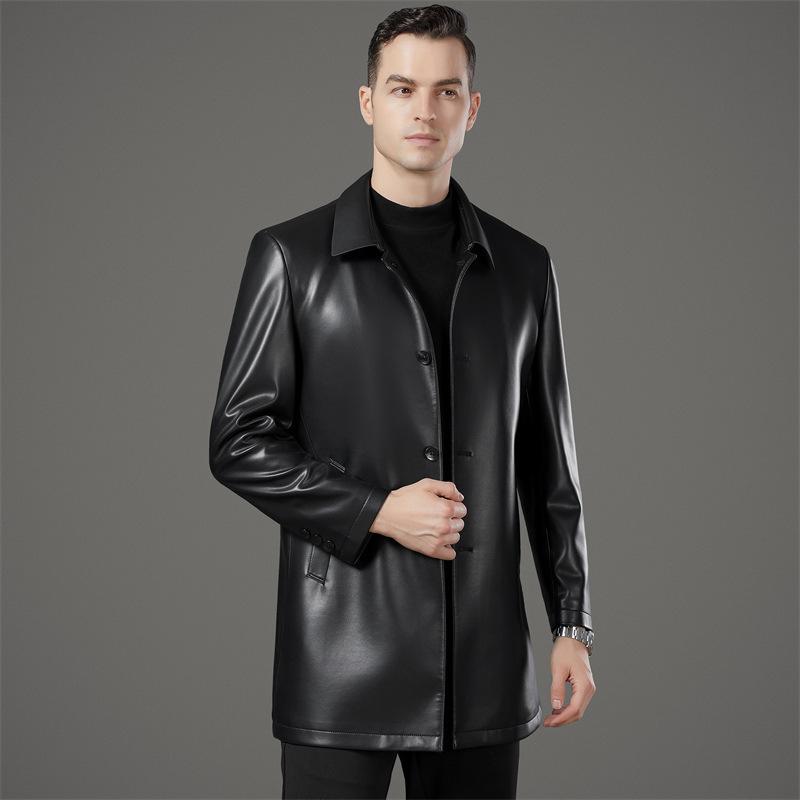 Sheepskin Leather Jacket Men's Autumn and Winter Business Casual Middle-aged Dad Lapel Jacket