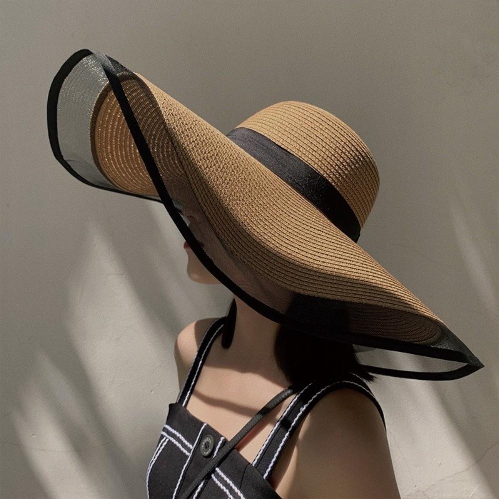Elegant Soft Foldable Straw Hat Mesh Wide Edge Beach Hat Sunscreen Summer Hat Women