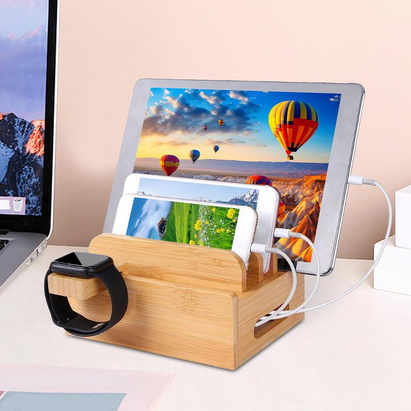 Bamboo Charging Station Organizer for Multiple Devices & Wood Desktop Docking Charging Stand Such As Cell Phone Tablets