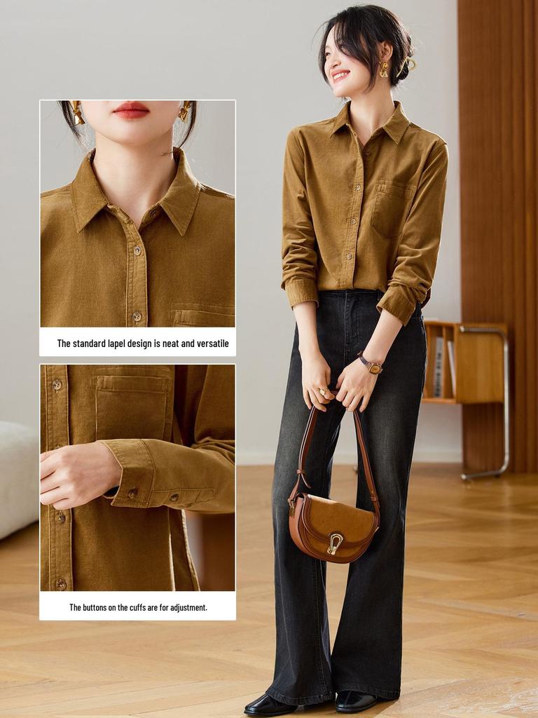 Women's Long Sleeve Corduroy Shirt - Thickened Cotton Cocoon Style for Spring/Autumn 2026