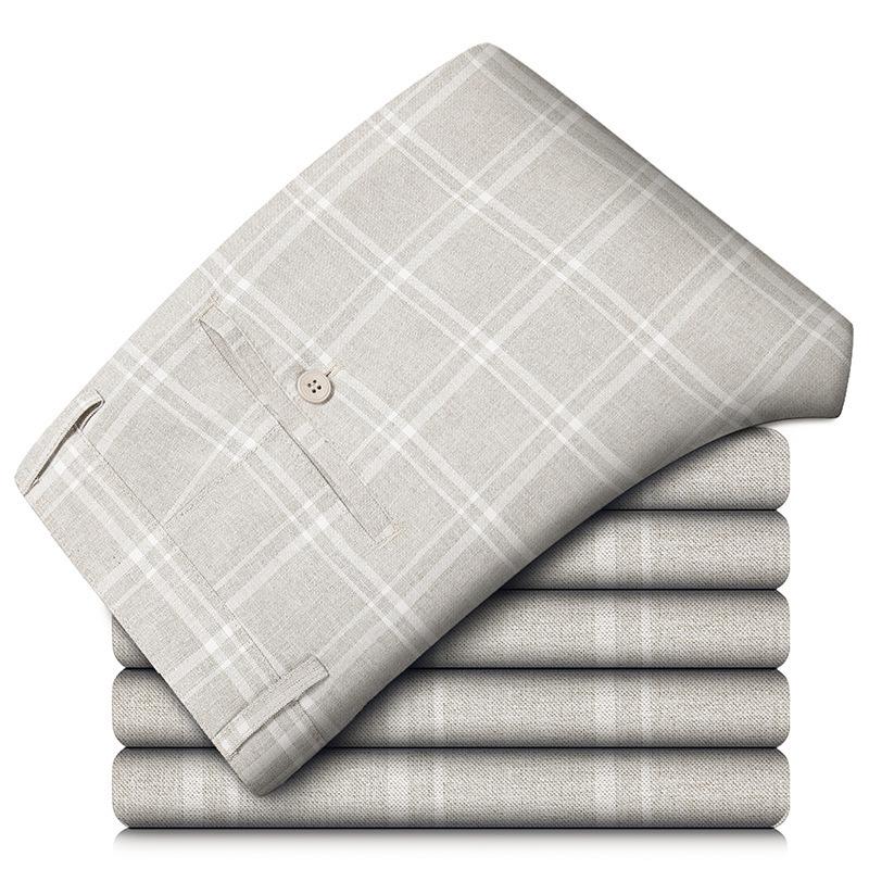 

2024 Весна/Лето Новые Клетчатые Мужские Брюки Повседневные Эластичные Свободные Прямые Деловые Брюки Из Искусственного Льна 40 светло-зеленый