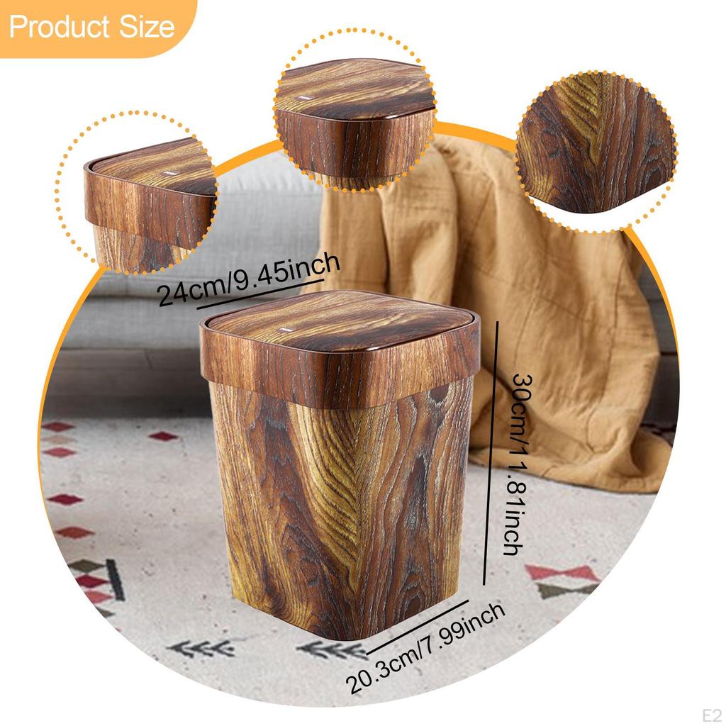 Imitation Wood Trash Can, Garbage Bin Rubbish Basket with Lid, Rustic Waste for
