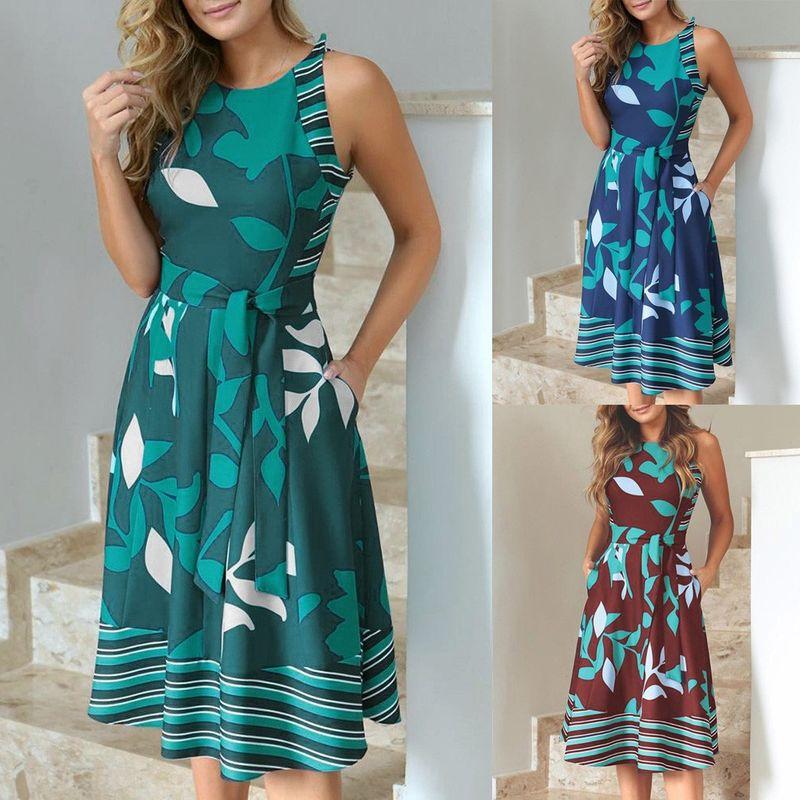 

Dress Sexy Robe O Neck Sleeveless Women Summer Printed Dress Blue XXXL