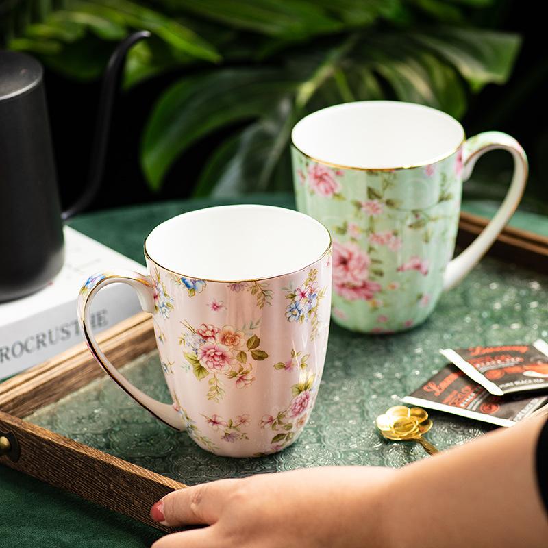 European Bone China Coffee Mug 400ml Ceramic Couple Water Cup Exquisite Flower Afternoon Tea Flower Tea Cup Home Breakfast Mug