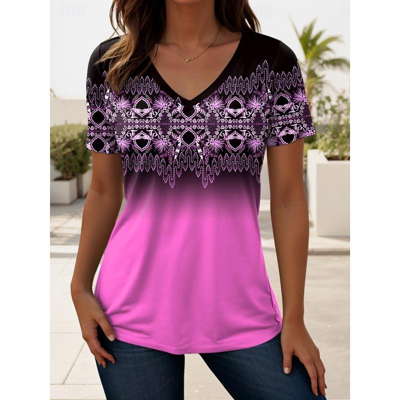 Summer Women's T Shirt Ombre Graphic Geometric Vintage Stylish Casual Short Sleeve V Neck Regular Tops Daily Printed Tees