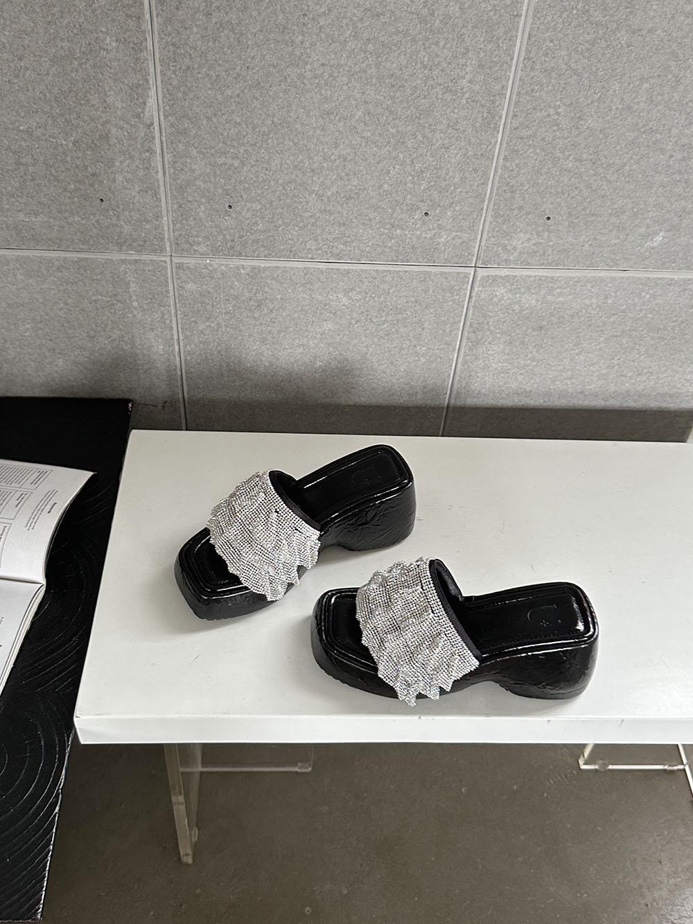 

fashion Rhinestone Women Slippers Summer Outside Party Pumps Wedge High Heels Black Silver Dress Shoes Woman Size 35-39 Slip On Pumps 7.5 чорний