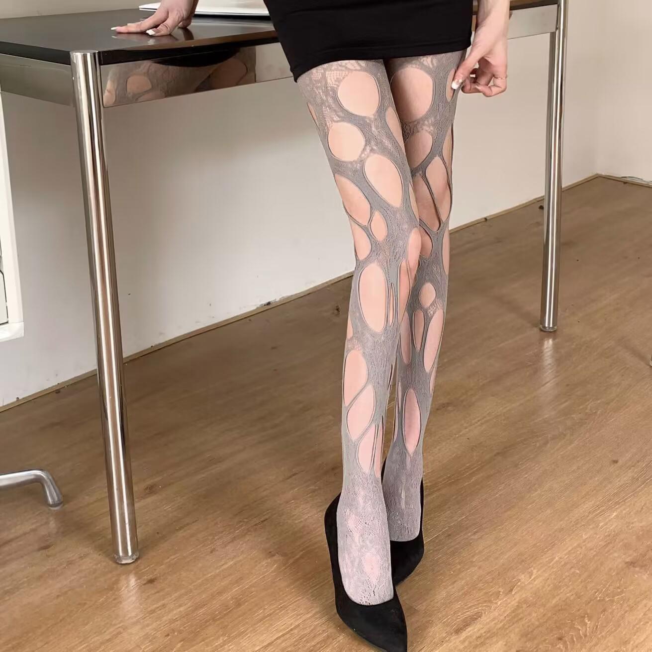 

Black Ripped Fishnet Stockings Women Hollow Tights Gothic Irregular Hole Hollow-Out Mesh Lace Pantyhose Cosplay Party Stockings