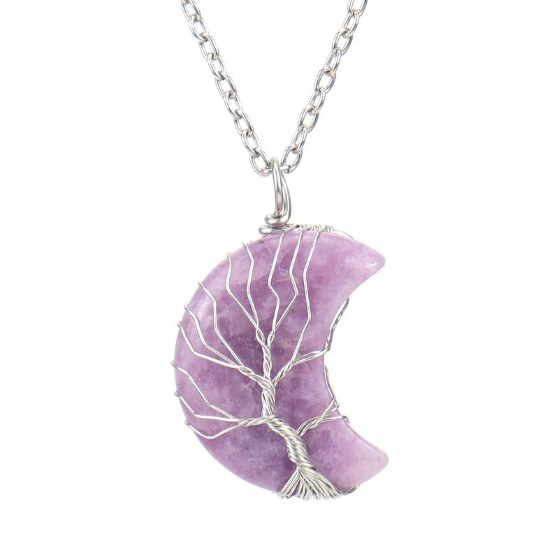 Natural Stone Amethyst Moon Tree Of Life Pendant Necklace, Wound And Wound Handmade Fortune Tree Crystal Necklace N571