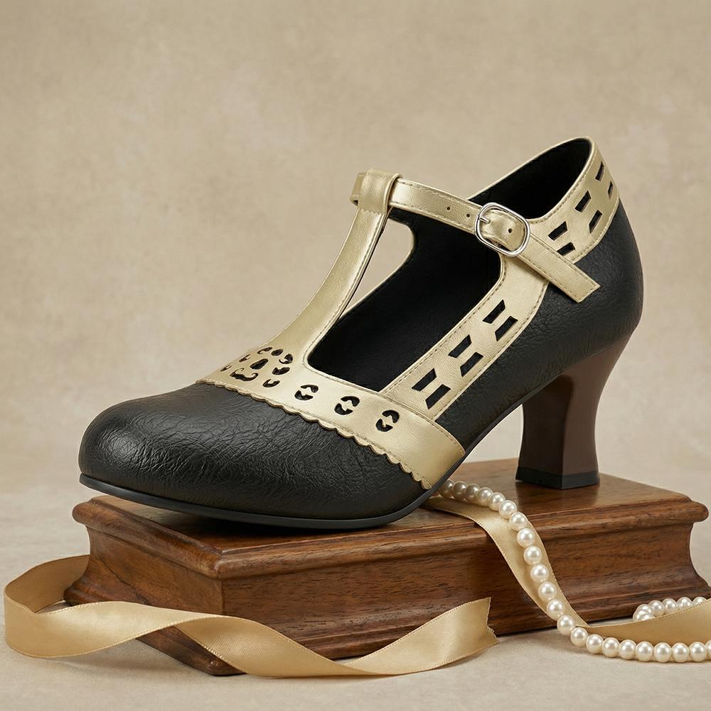 Women T-Strap Pumps  Kitten High Heels Cutout PU Shoes Small Oversize Plu Size 32 50