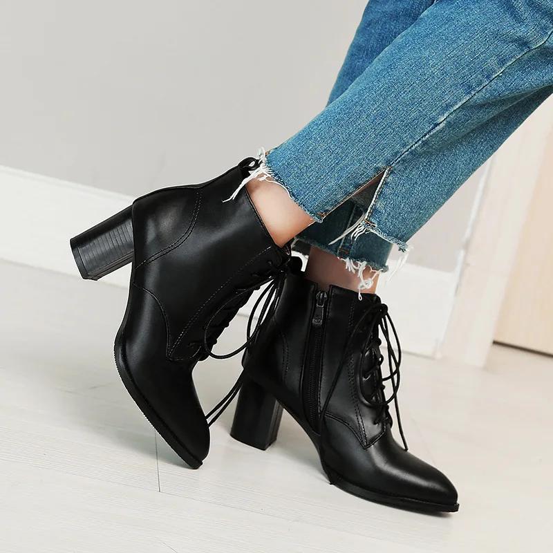 Fashion Ankle Boots For Women Casual Lace Up Autumn Spring Short Boot Female Thick Med Heel Black Red Shoes Lady Big Size 45 46