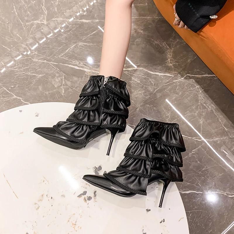 Luxusní značkové Dámské kotníkové boty Módní špičaté boty Podzim Zima Tenký vysoký podpatek Dámské Morder Krátké kozačky