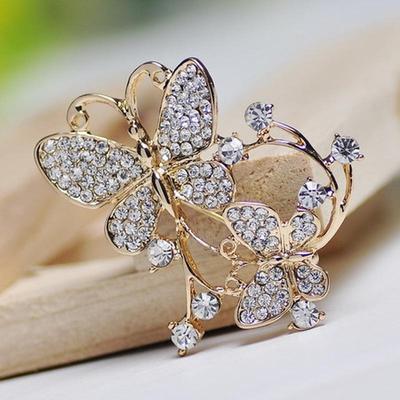 Hesiod Gold Color Double Butterfly Brooch Pins Vintage Crystal Rhinestone Wedding Banque Brooch Corsage Jewelry Mother Day Gifts
